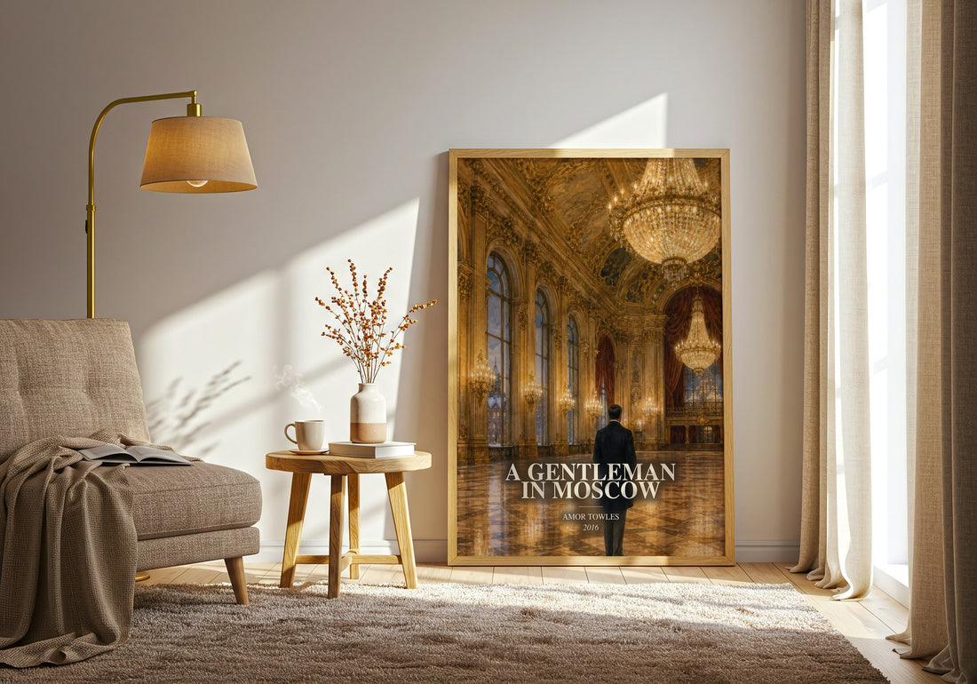 A Gentleman in Moscow watercolour print in frame leaning in hallway – historical fiction wall art (mockup)