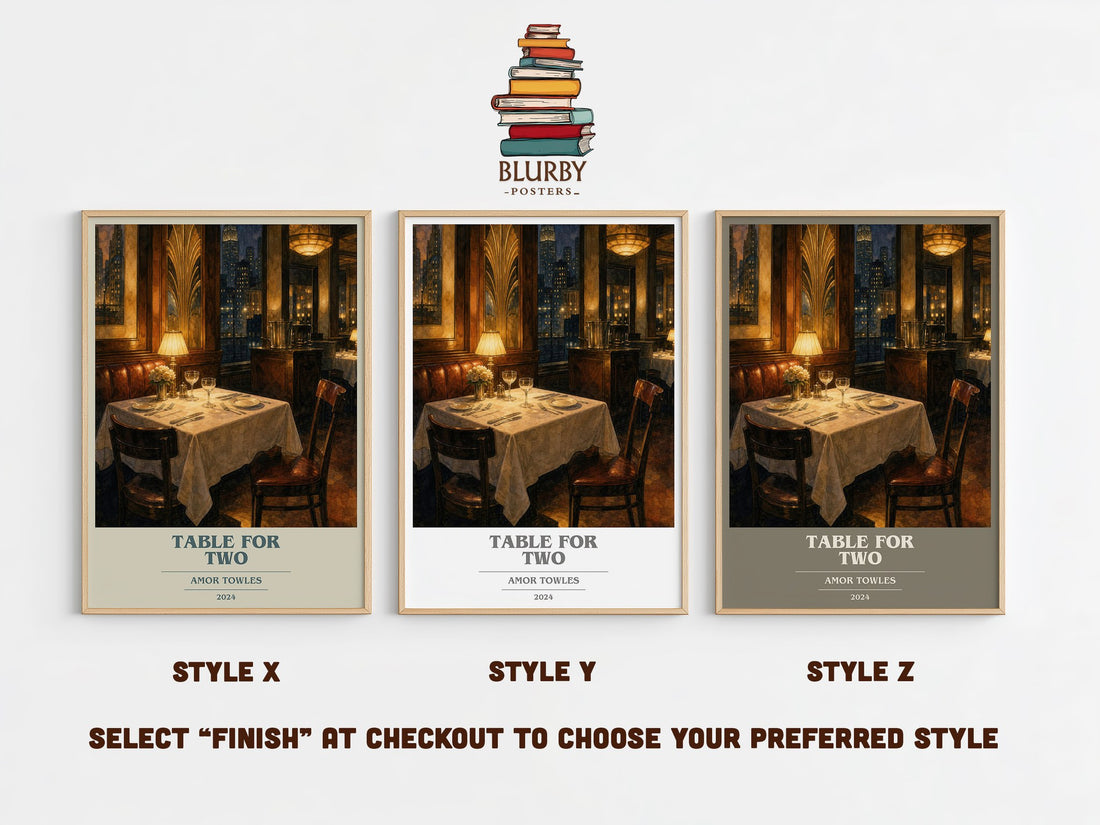 Table for Two book cover print in frame leaning in hallway – literary fiction wall art (mockup)