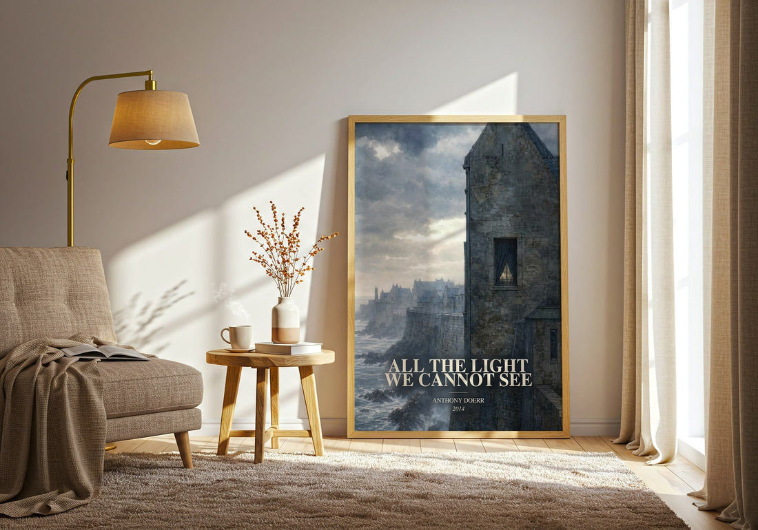 All the Light We Cannot See watercolour print in frame leaning in hallway – historical fiction wall art (mockup)