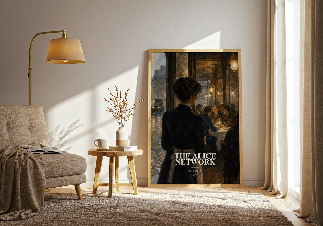 The Alice Network watercolour print in frame leaning in hallway – historical fiction wall art (mockup)