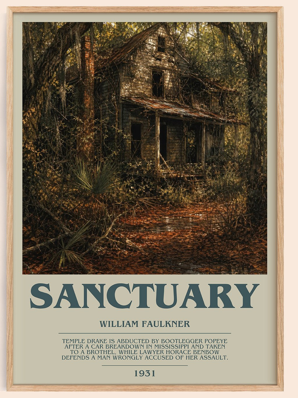 Sanctuary bookish book poster by William Faulkner – framed literary art print