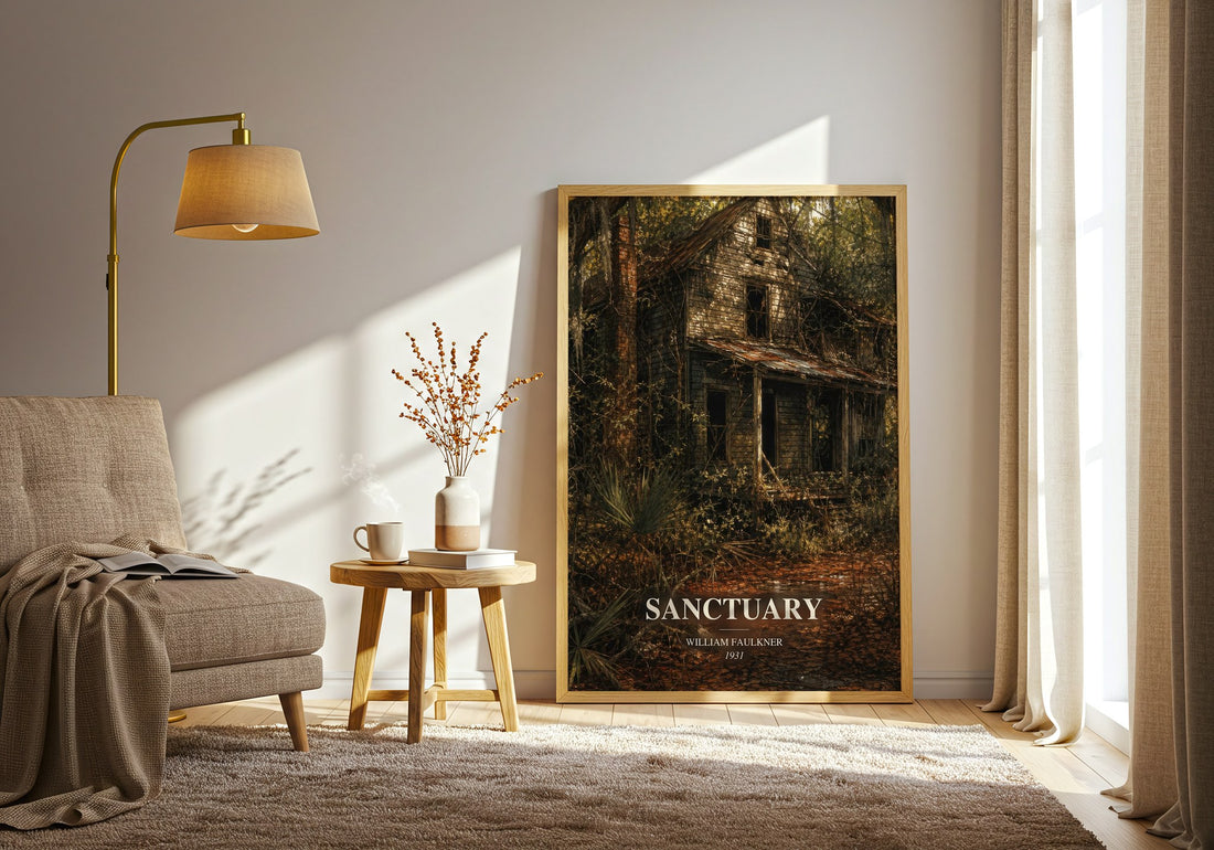 Sanctuary watercolour print in frame leaning in hallway – literary fiction wall art (mockup)