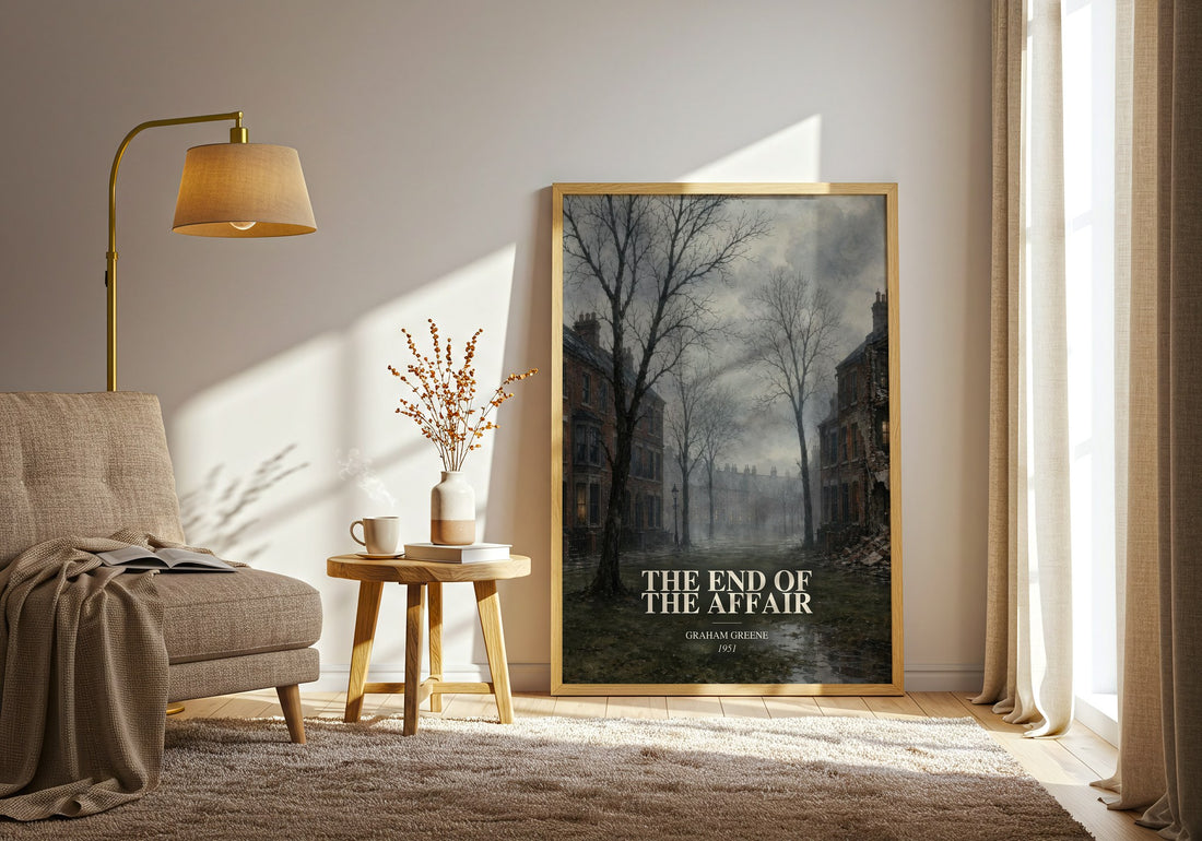 The End of the Affair watercolour print in frame leaning in hallway – literary fiction wall art (mockup)