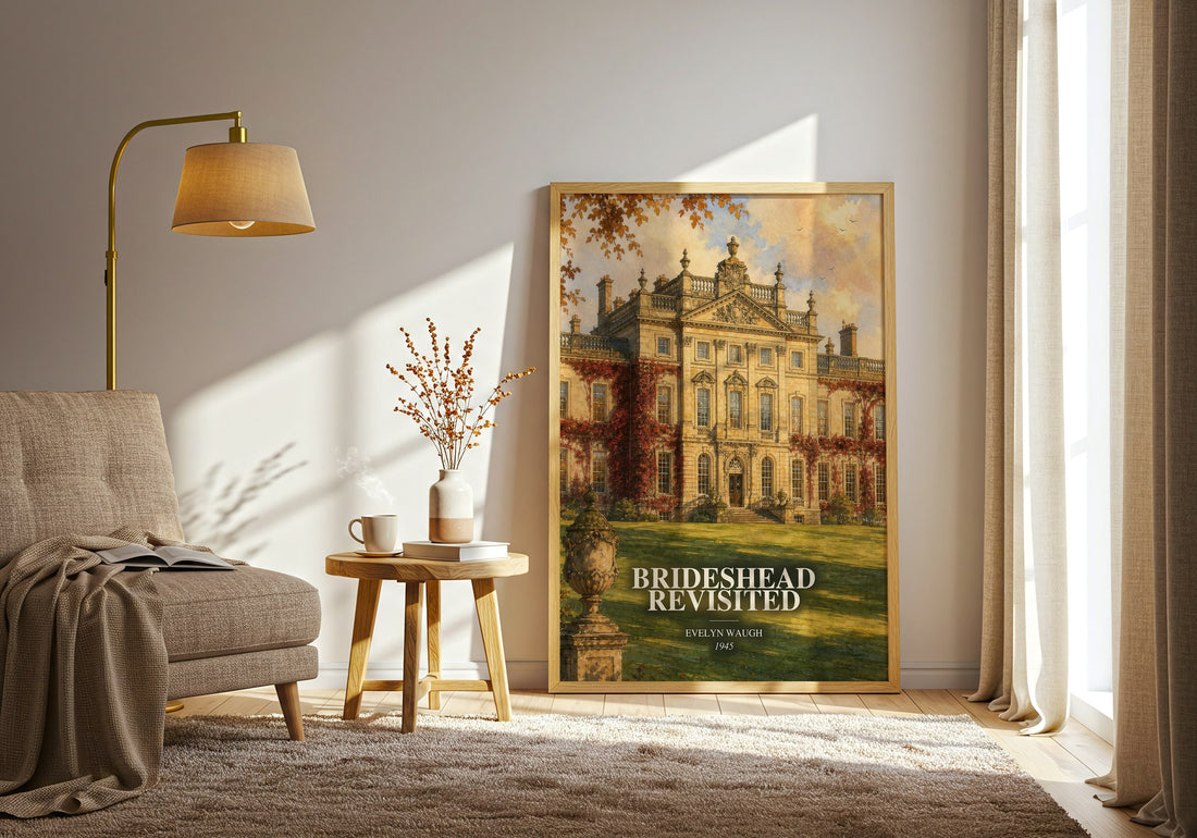 Brideshead Revisited watercolour print in frame leaning in hallway – classic literature wall art (mockup)