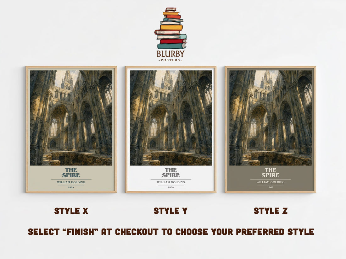 The Spire book cover print in frame leaning in hallway – literary fiction wall art (mockup)