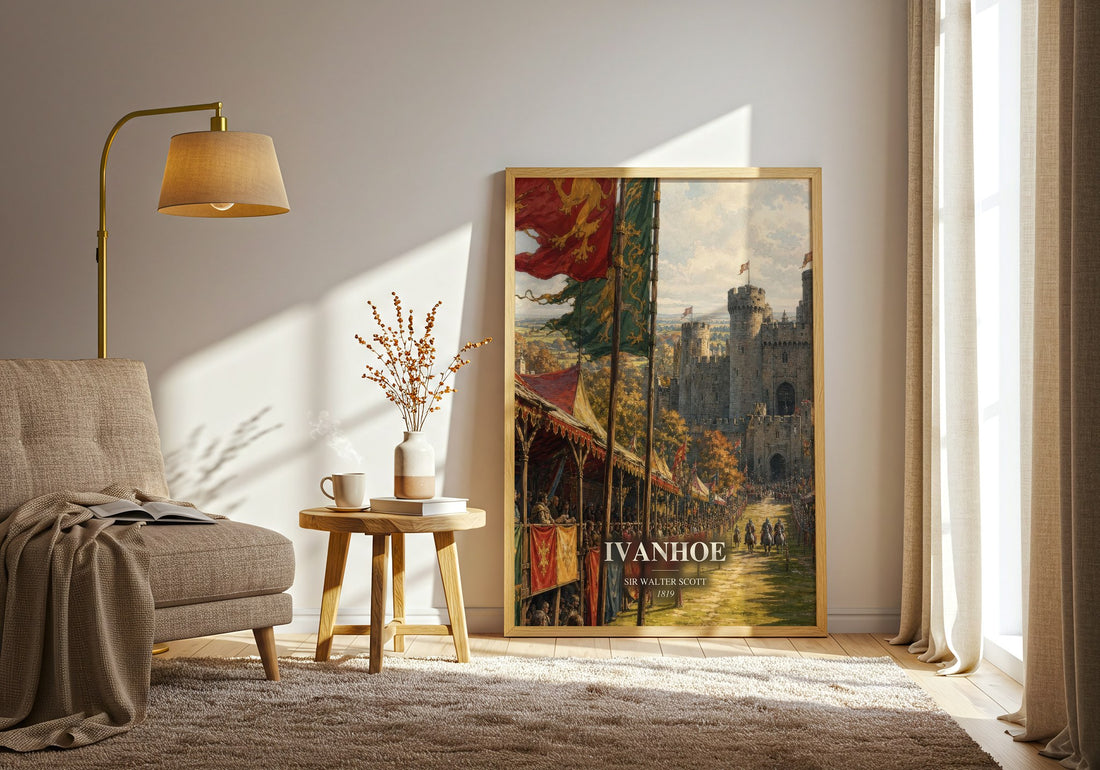 Ivanhoe watercolour print in frame leaning in hallway – historical fiction wall art (mockup)