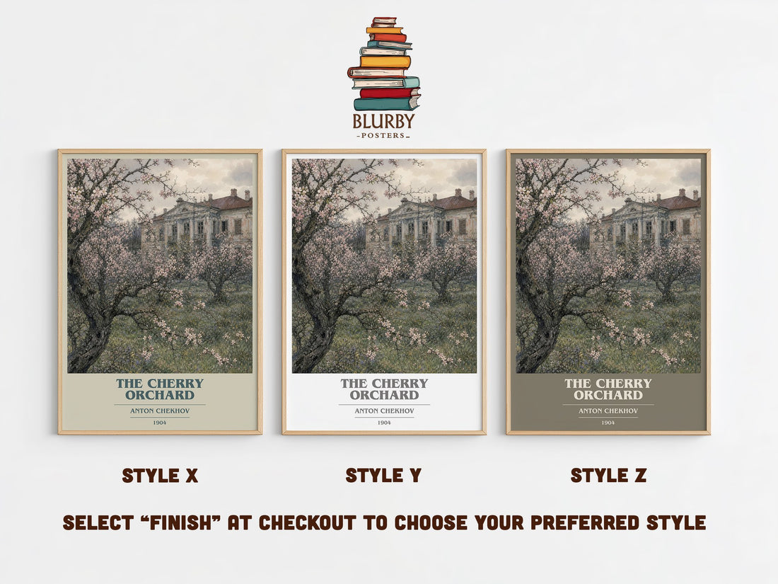 The Cherry Orchard book cover print in frame leaning in hallway – classic literature wall art (mockup)