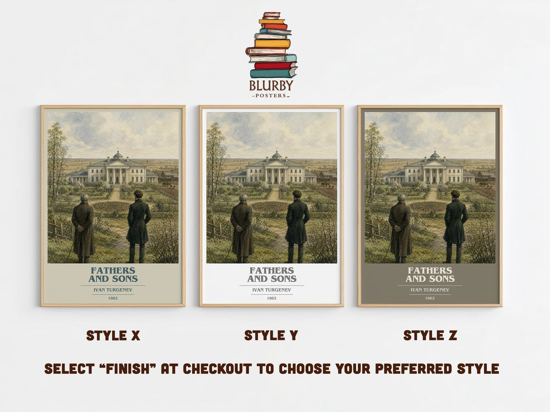 Fathers and Sons book cover print in frame leaning in hallway – classic literature wall art (mockup)