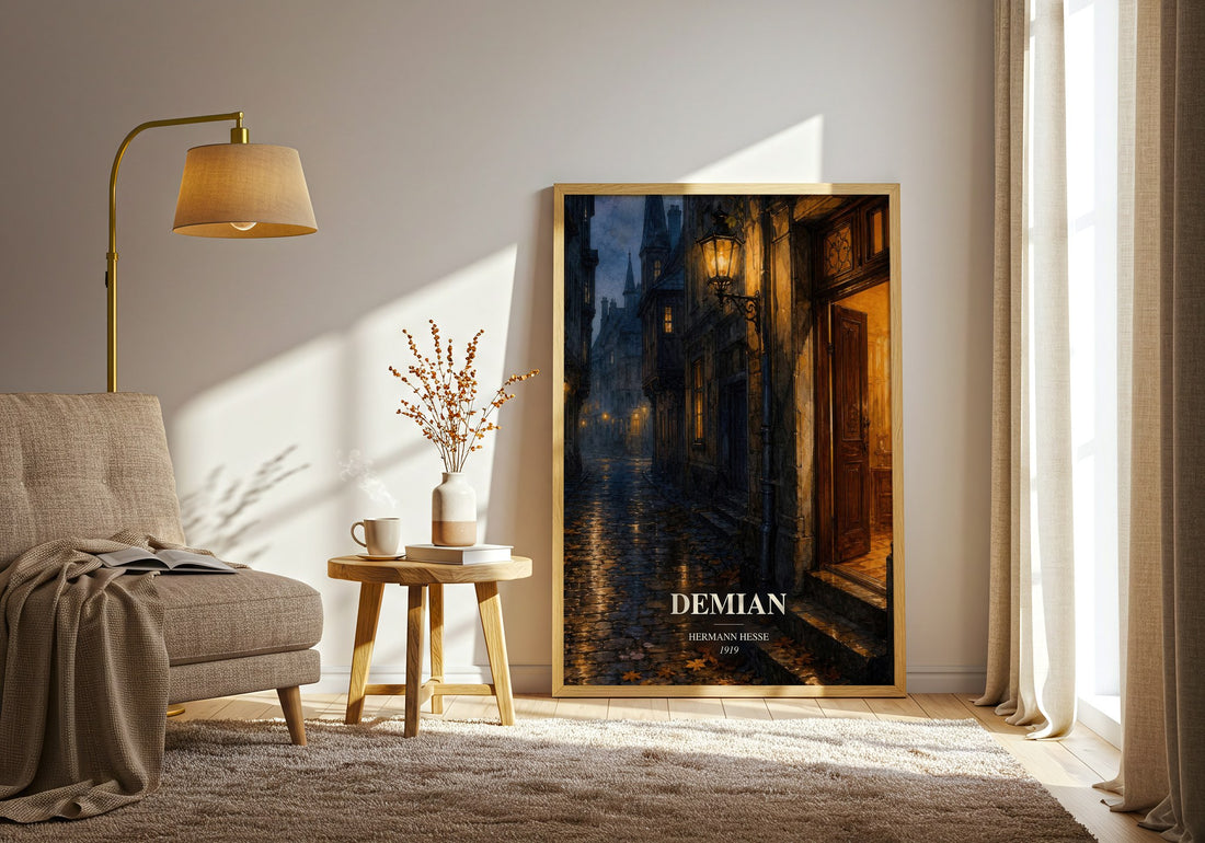 Demian watercolour print in frame leaning in hallway – coming of age wall art (mockup)