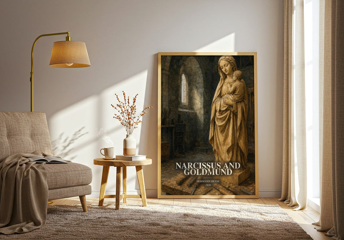 Narcissus and Goldmund watercolour print in frame leaning in hallway – literary fiction wall art (mockup)