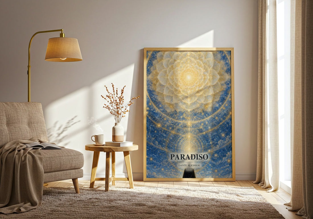Paradiso watercolour print in frame leaning in hallway – poetry wall art (mockup)