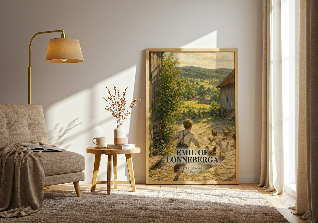 Emil of Lönneberga watercolour print in frame leaning in hallway – childrens wall art (mockup)