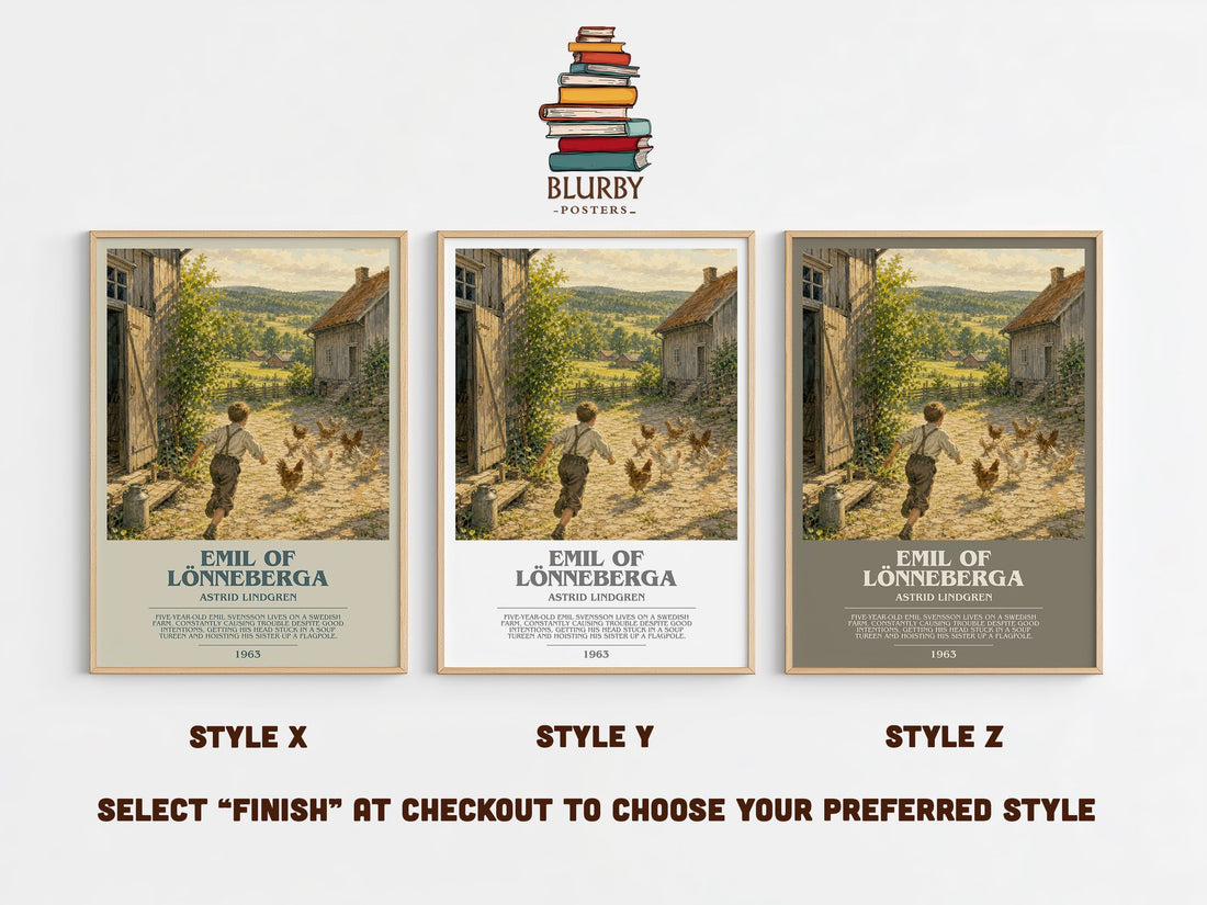 Emil of Lönneberga bookish print in frame leaning in hallway – childrens wall art (mockup)