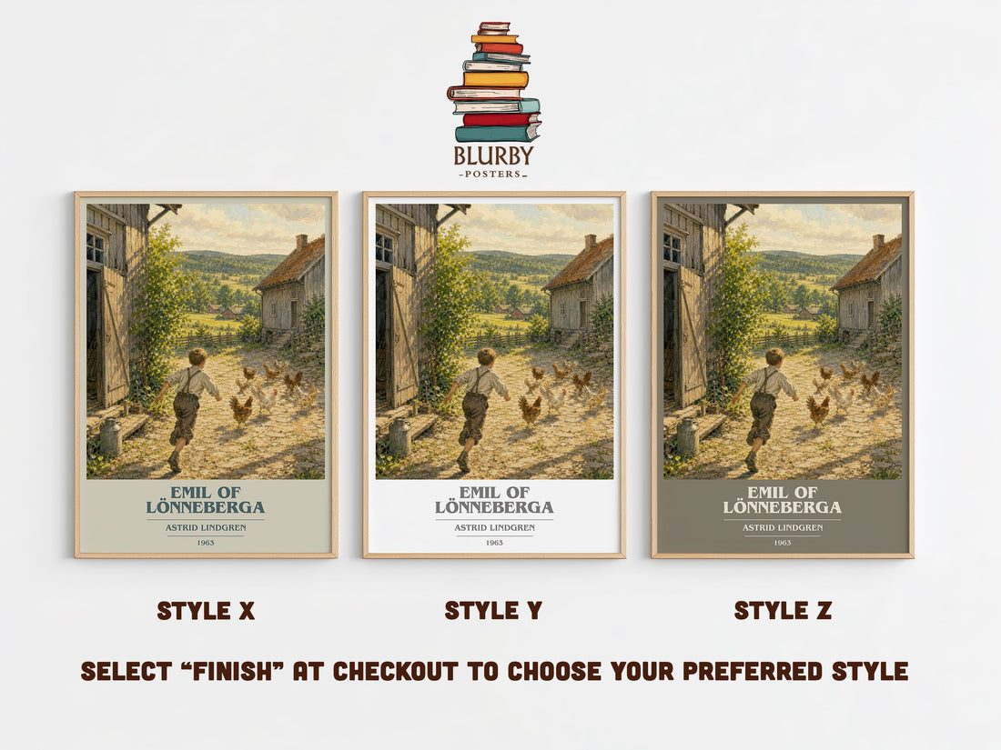 Emil of Lönneberga book cover print in frame leaning in hallway – childrens wall art (mockup)