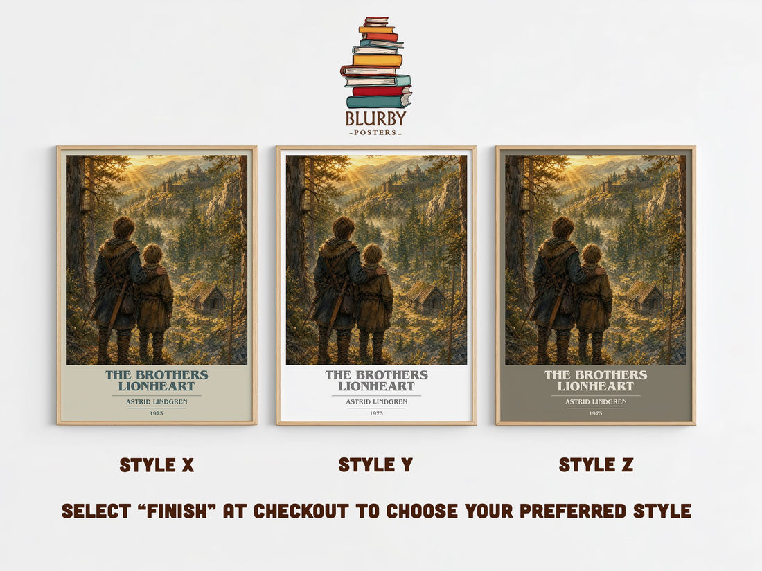 The Brothers Lionheart book cover print in frame leaning in hallway – childrens wall art (mockup)