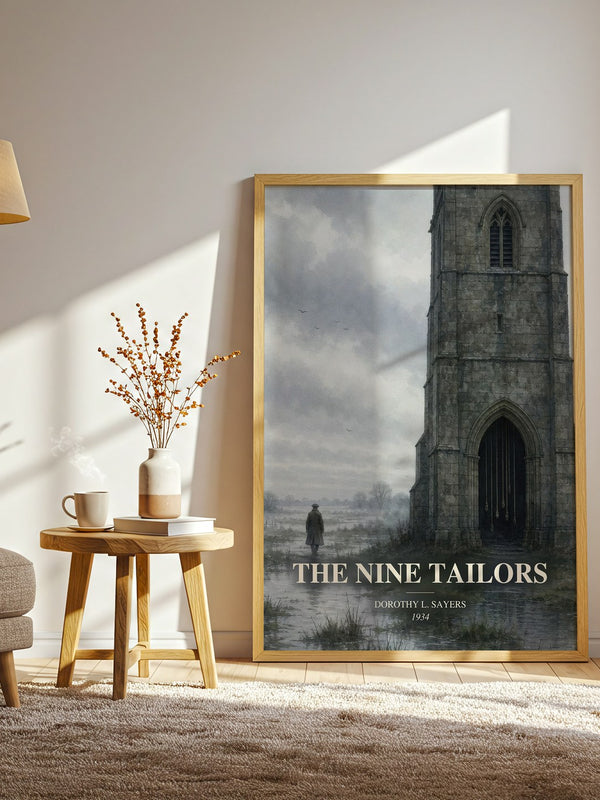 The Nine Tailors watercolour print in frame leaning in hallway – mystery wall art