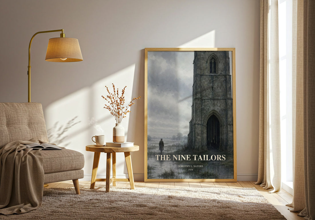 The Nine Tailors watercolour print in frame leaning in hallway – mystery wall art (mockup)