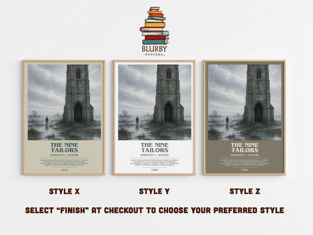 The Nine Tailors bookish print in frame leaning in hallway – mystery wall art (mockup)