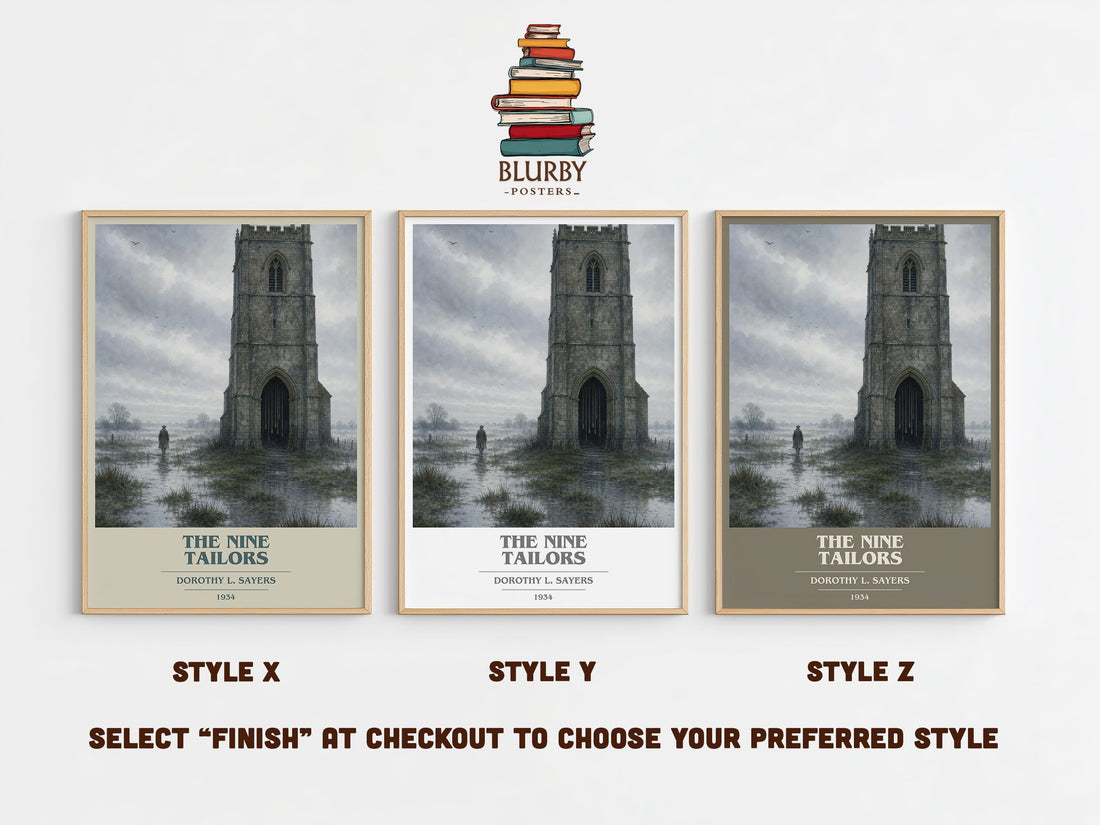 The Nine Tailors book cover print in frame leaning in hallway – mystery wall art (mockup)
