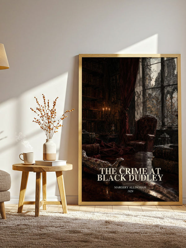 The Crime at Black Dudley watercolour print in frame leaning in hallway – mystery wall art