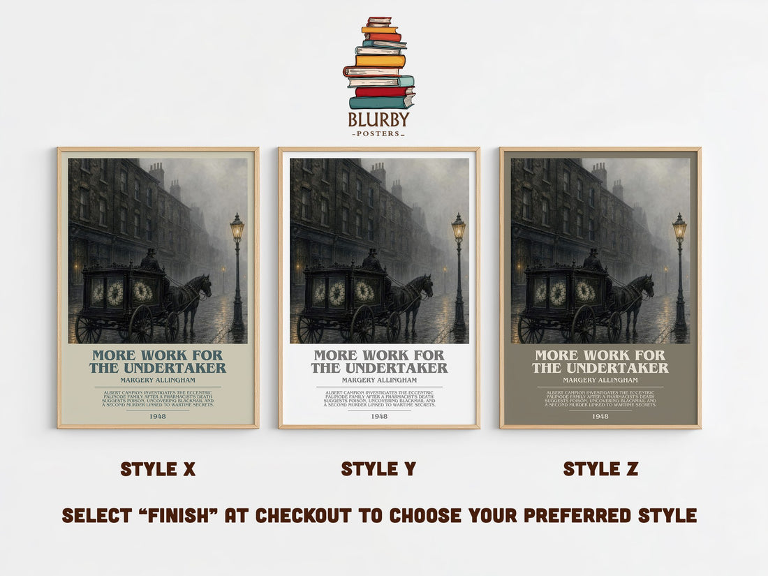 More Work for the Undertaker bookish print in frame leaning in hallway – mystery wall art (mockup)