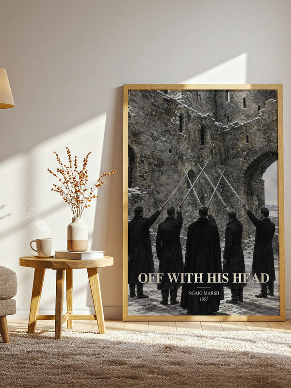Off With His Head watercolour print in frame leaning in hallway – mystery wall art