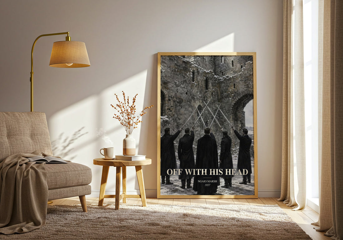 Off With His Head watercolour print in frame leaning in hallway – mystery wall art (mockup)