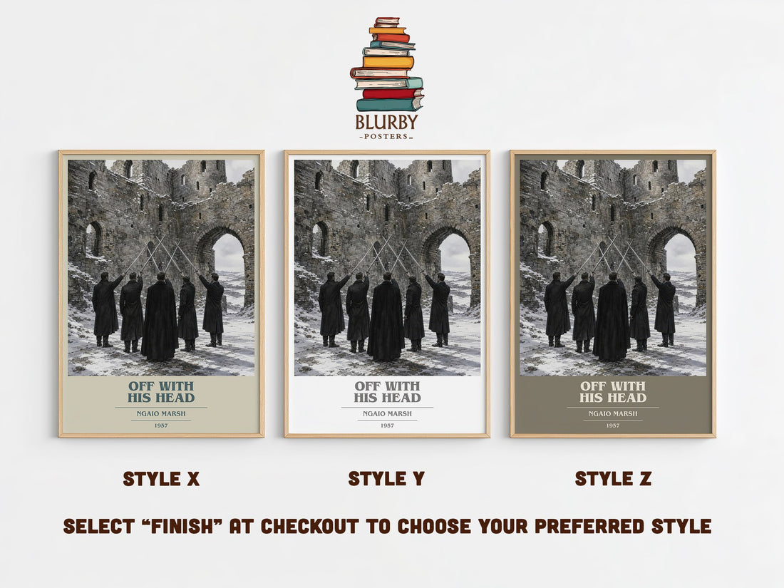 Off With His Head book cover print in frame leaning in hallway – mystery wall art (mockup)