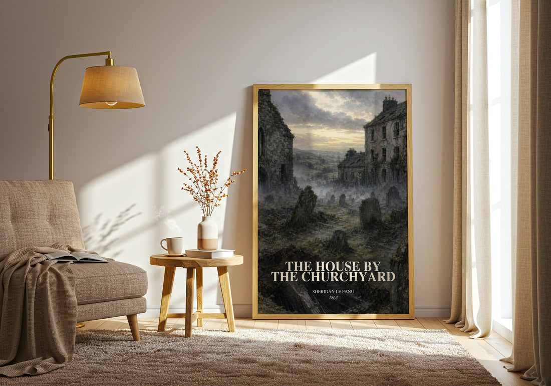 The House by the Churchyard watercolour print in frame leaning in hallway – gothic wall art (mockup)