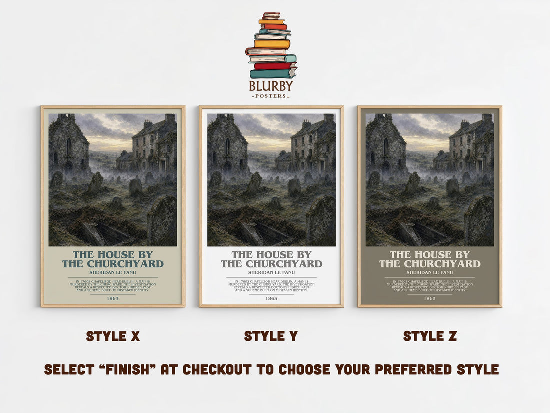 The House by the Churchyard bookish print in frame leaning in hallway – gothic wall art (mockup)