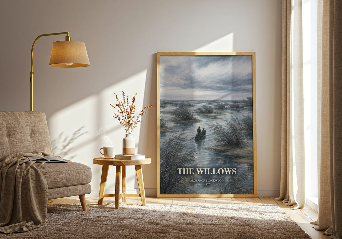 The Willows watercolour print in frame leaning in hallway – horror wall art (mockup)