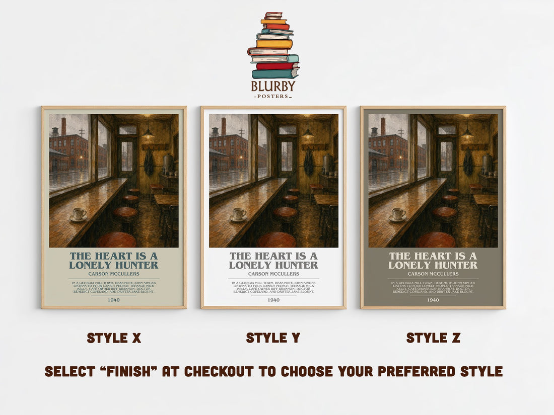 The Heart Is a Lonely Hunter bookish print in frame leaning in hallway – literary fiction wall art (mockup)