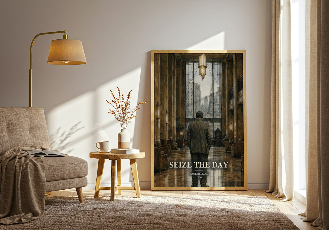 Seize the Day watercolour print in frame leaning in hallway – literary fiction wall art (mockup)