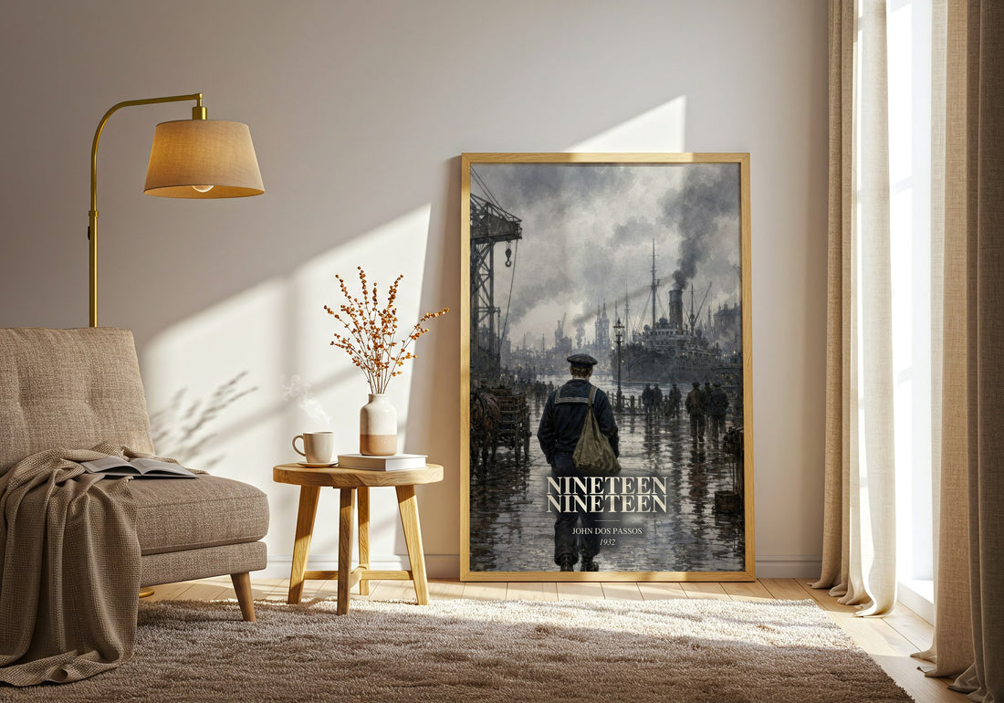 Nineteen Nineteen watercolour print in frame leaning in hallway – literary fiction wall art (mockup)