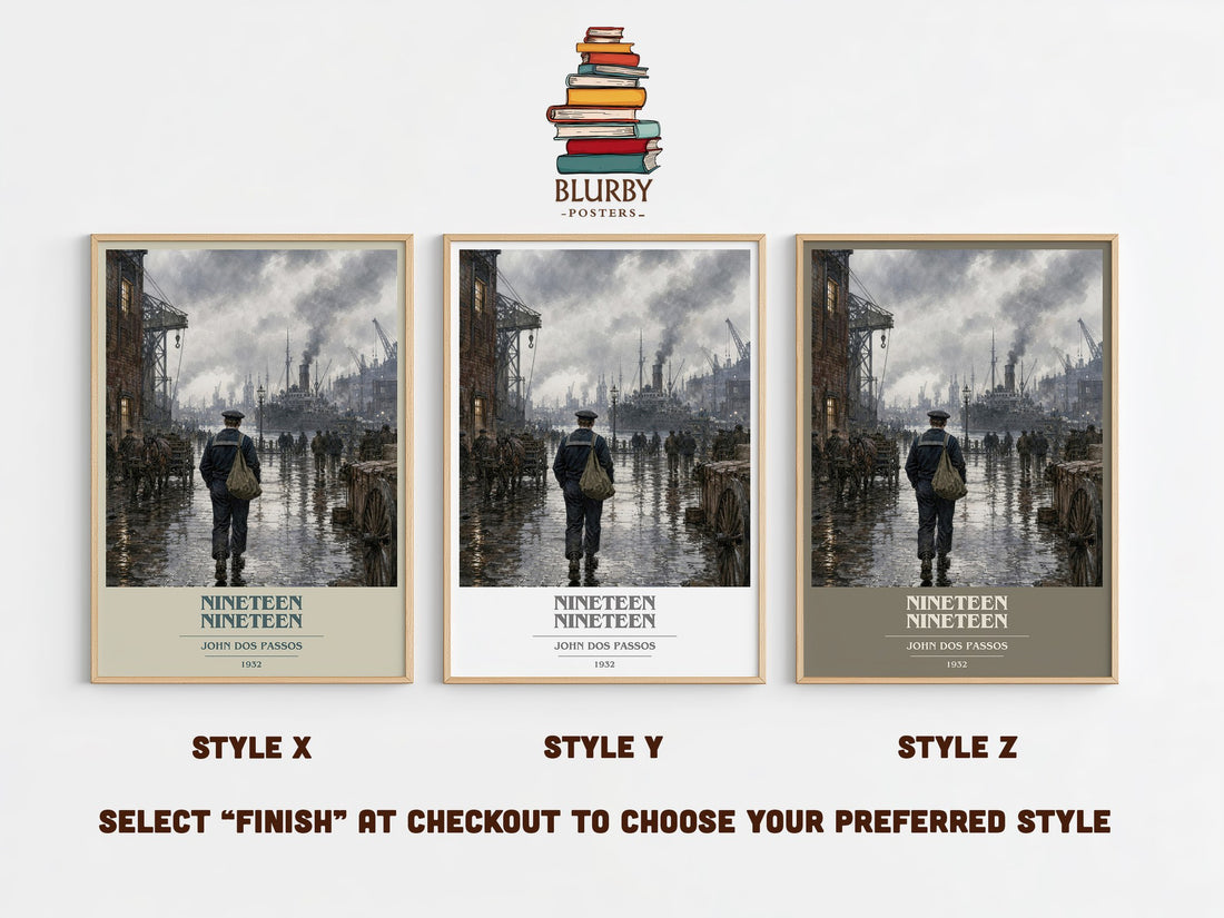 Nineteen Nineteen book cover print in frame leaning in hallway – literary fiction wall art (mockup)