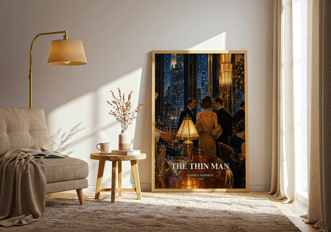 The Thin Man watercolour print in frame leaning in hallway – mystery wall art (mockup)