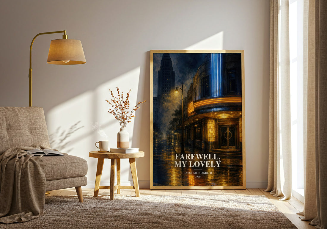 Farewell, My Lovely watercolour print in frame leaning in hallway – crime wall art (mockup)