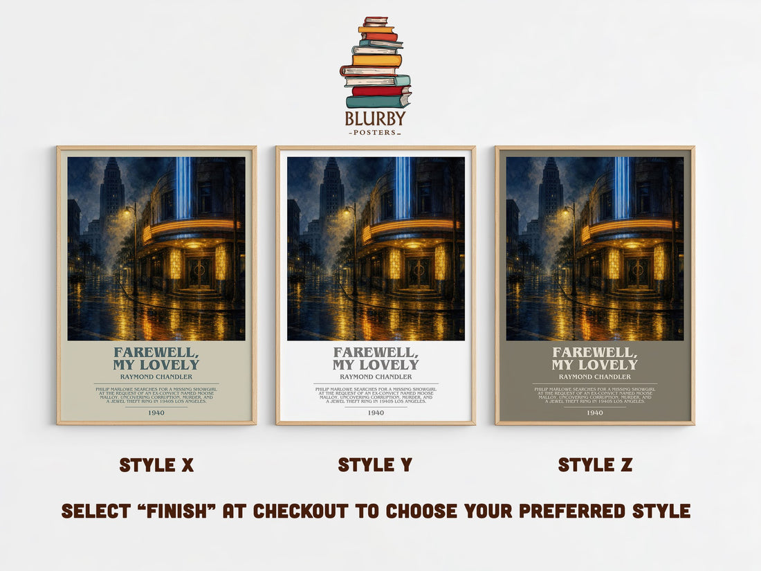 Farewell, My Lovely bookish print in frame leaning in hallway – crime wall art (mockup)