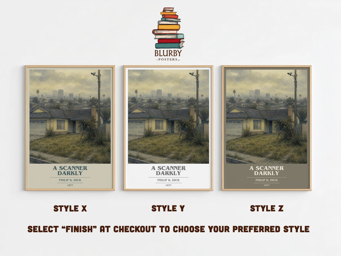 A Scanner Darkly book cover print in frame leaning in hallway – sci fi wall art (mockup)