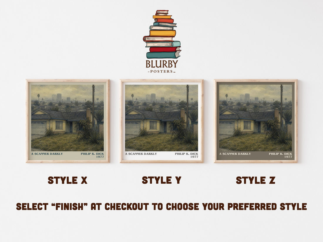 A Scanner Darkly literary print in frame leaning in hallway – sci fi wall art (mockup)