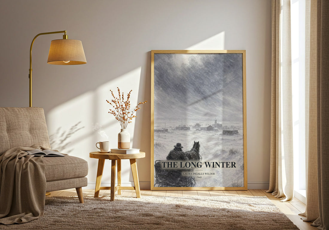 The Long Winter watercolour print in frame leaning in hallway – childrens wall art (mockup)