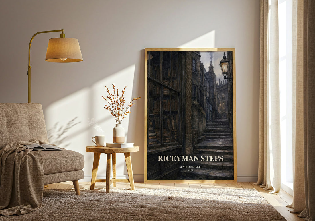 Riceyman Steps watercolour print in frame leaning in hallway – literary fiction wall art (mockup)