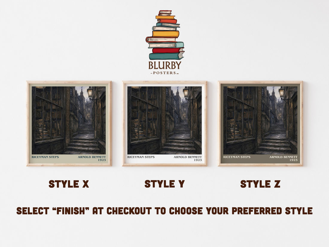 Riceyman Steps literary print in frame leaning in hallway – literary fiction wall art (mockup)