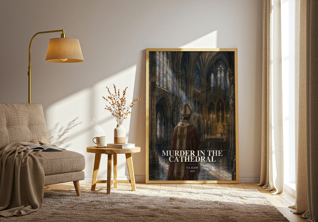 Murder in the Cathedral watercolour print in frame leaning in hallway – poetry wall art (mockup)