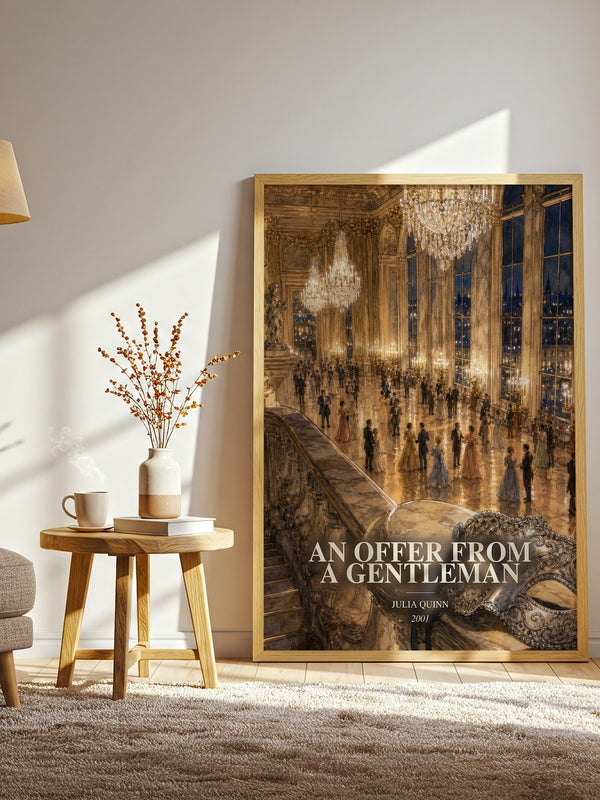 An Offer From a Gentleman watercolour print in frame leaning in hallway – romance wall art