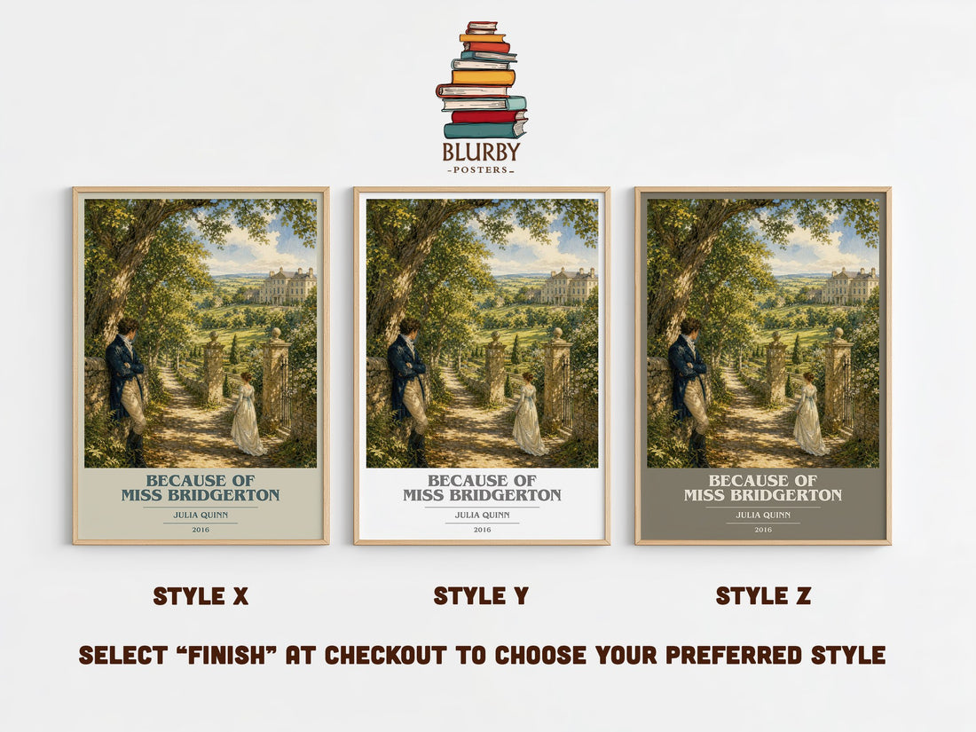 Because of Miss Bridgerton book cover print in frame leaning in hallway – romance wall art (mockup)
