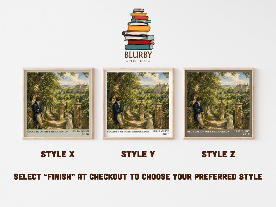 Because of Miss Bridgerton literary print in frame leaning in hallway – romance wall art (mockup)