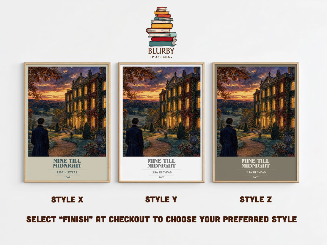 Mine Till Midnight book cover print in frame leaning in hallway – romance wall art (mockup)