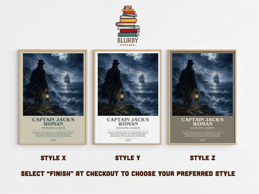 Captain Jack's Woman bookish print in frame leaning in hallway – romance wall art (mockup)