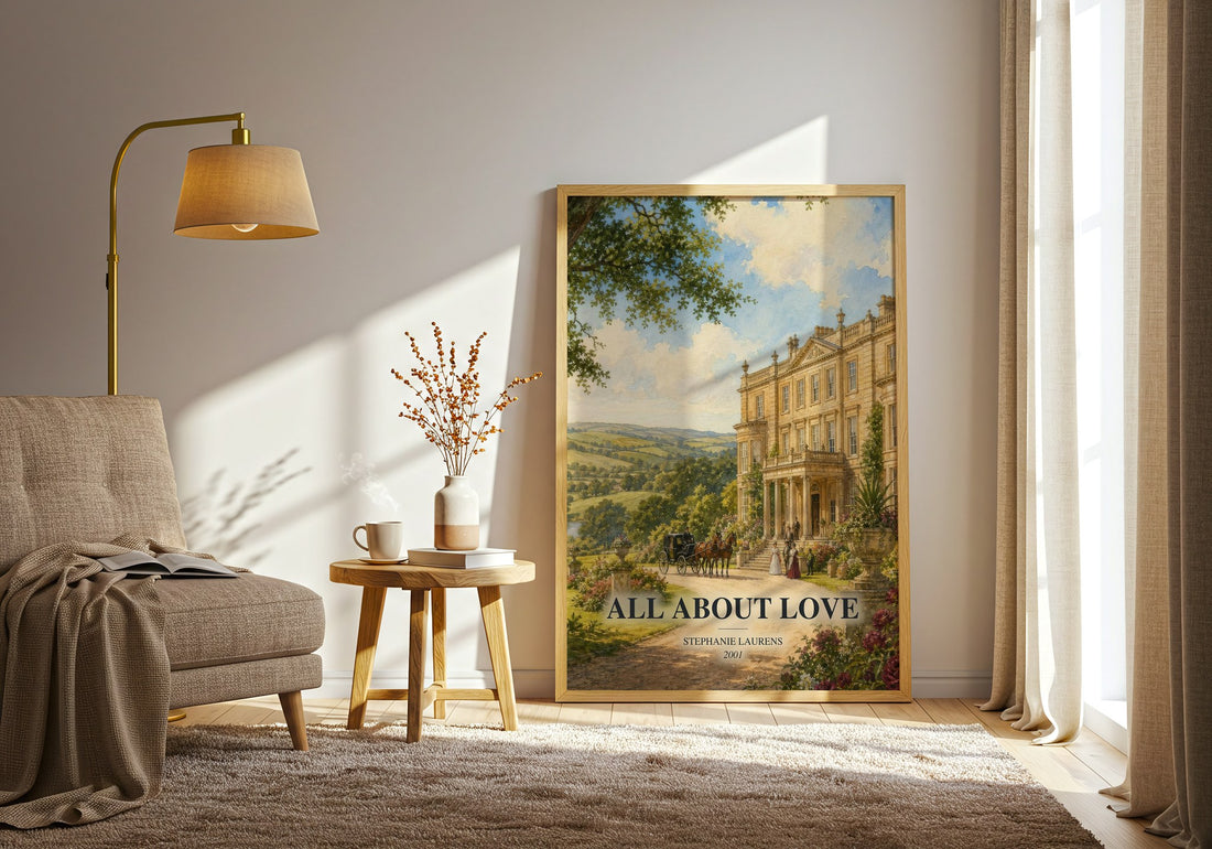 All About Love watercolour print in frame leaning in hallway – romance wall art (mockup)